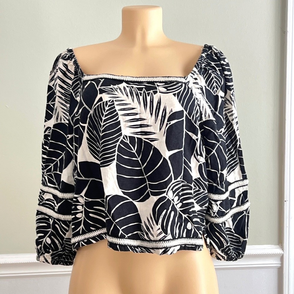 Cynthia Rowley Tropical Leaf Top Womens M Linen Blend Crochet Black White Boho